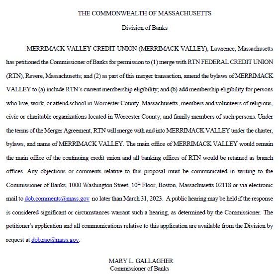 Massachusetts Division of Banks Merger Notice